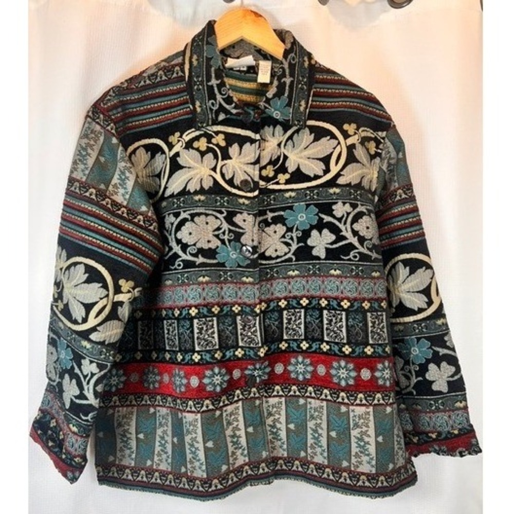 Vintage Chicos Design Tapestry Jacket Whimsigoth Boho Patchwork Blazer 2/Large